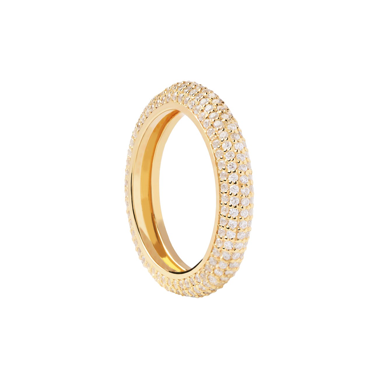 PdPaola Ring aus vergoldetem 925er Silber, besetzt mit drei Reihen funkelnder Zirkonia-Farbsteine.