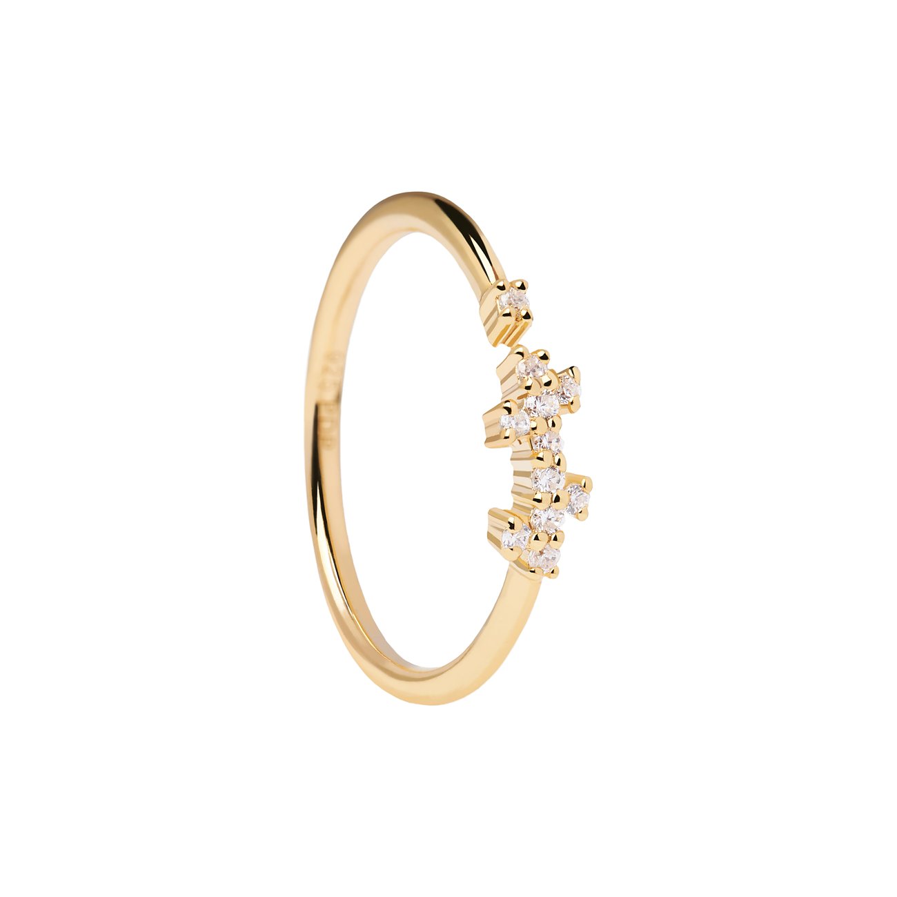 Ein offener PdPaola Ring aus vergoldetem 925er Silber mit Zirkonia-Verzierungen in Kreuzform, frontal aufgenommen.