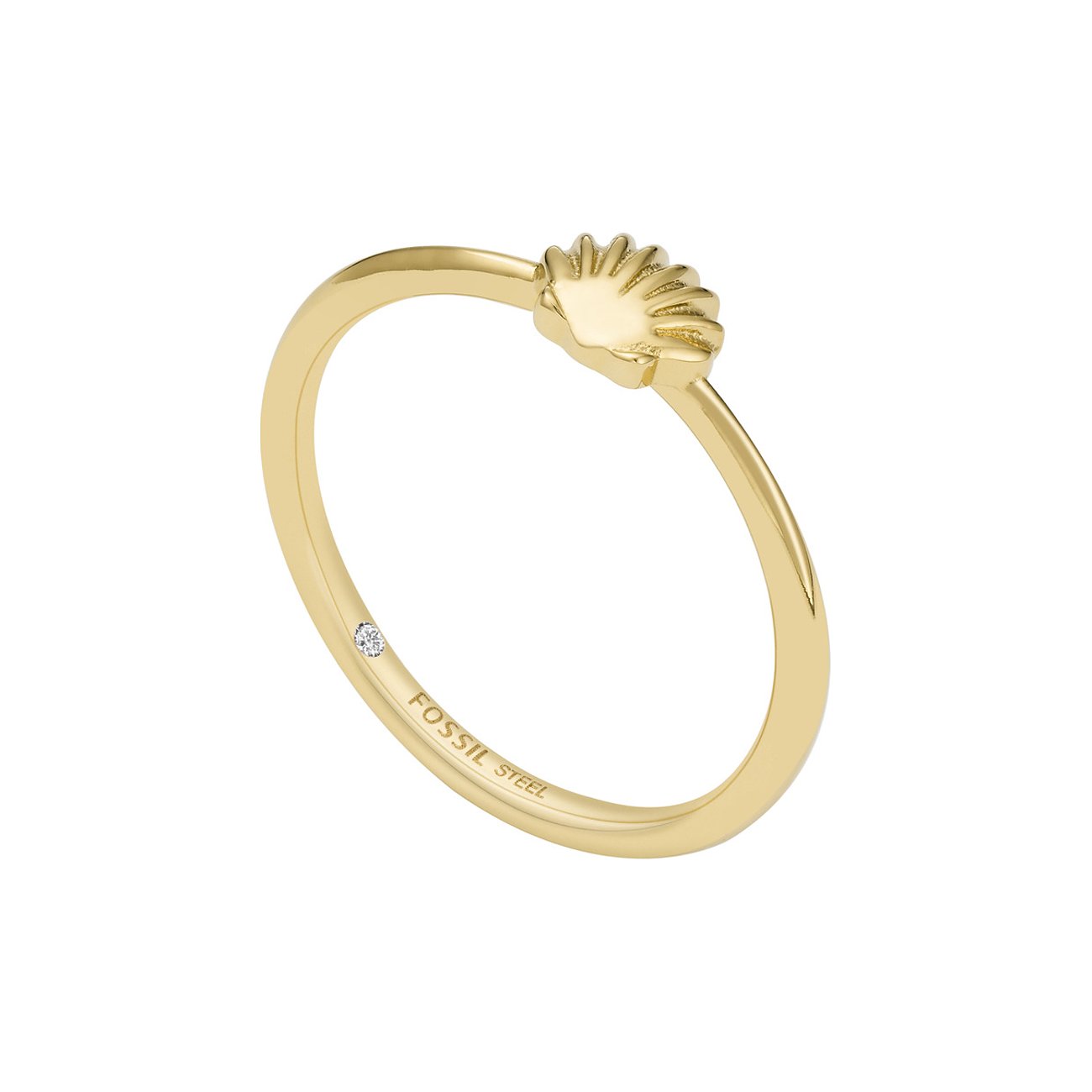 Fossil Ring aus goldfarbenem Edelstahl mit einer Muschelform und einem kleinen, klaren Schmuckstein.