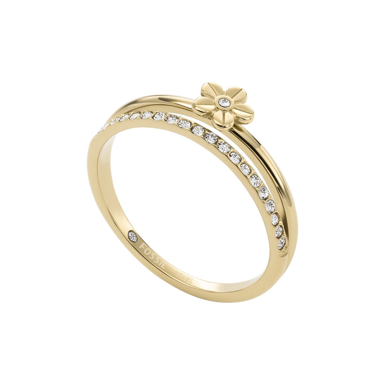 Fossil Ring aus goldfarbenem Edelstahl mit kleiner Blume und klaren Glassteinen, von oben links betrachtet.