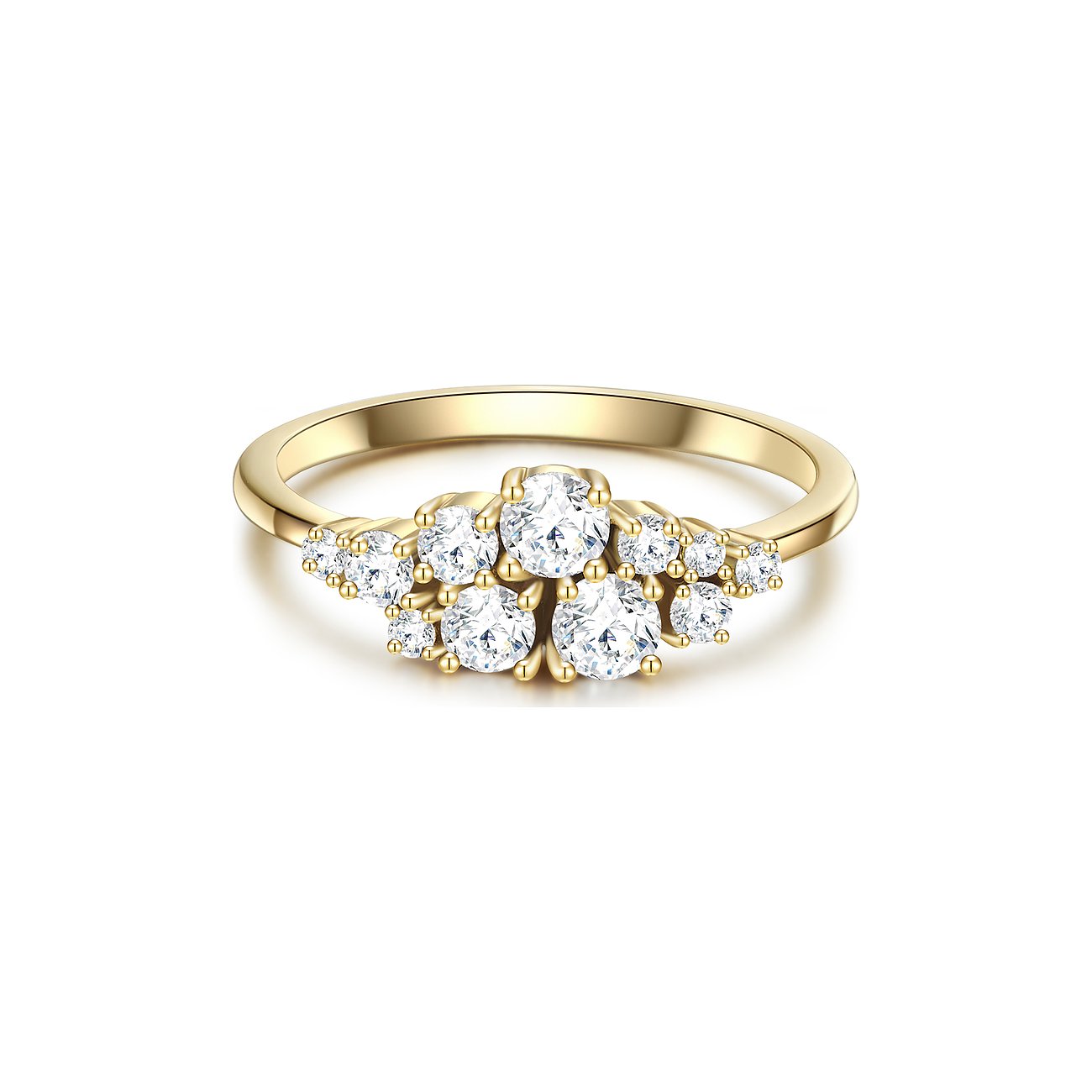 Glanzstücke München Ring aus Gelbsilber mit einer Ansammlung von klaren Zirkonia-Steinen in einer Blüte angeordnet.