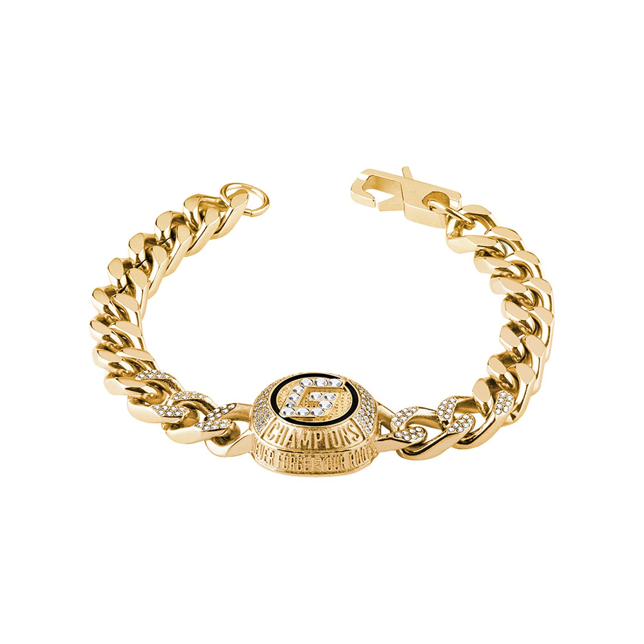 Ein goldenes Guess-Armband aus Edelstahl mit Kettengliedern, rundem „Champions“-Anhänger und Zirkonia.