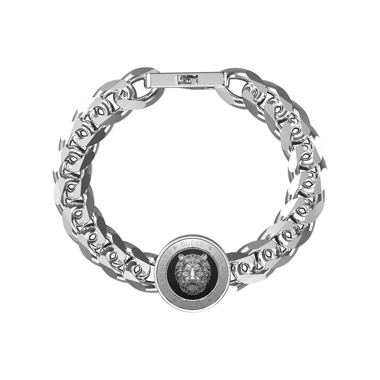 Guess Armschmuck aus poliertem Edelstahl mit dicker Gliederkette und rundem Anhänger mit Löwenkopfmotiv.