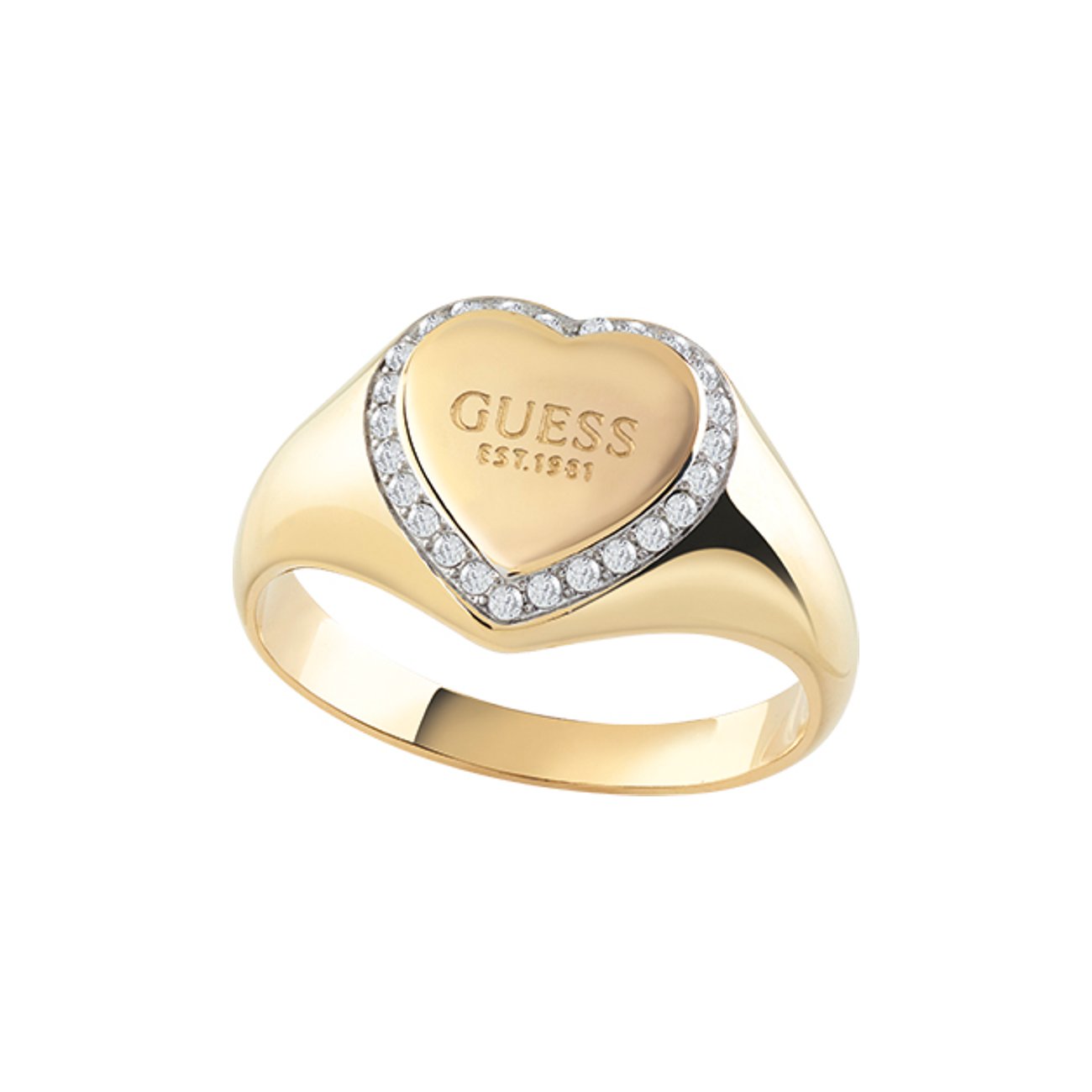 Ein goldfarbener Guess Edelstahlring mit Herzzeichen und Guess-Logo, umrandet von funkelndem Zirkonia.