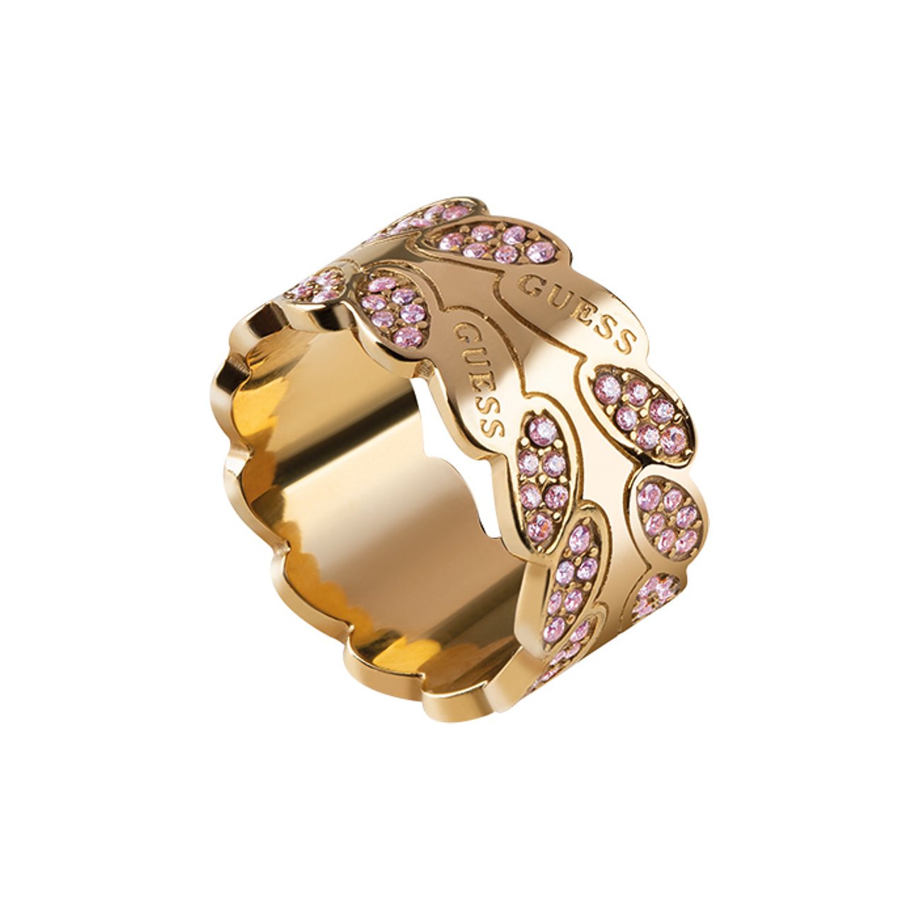 Ein glänzender goldener Guess-Edelstahlring, besetzt mit vielen rosa Zirkonia-Farbsteinen und dem Guess-Logo in Wellenform.