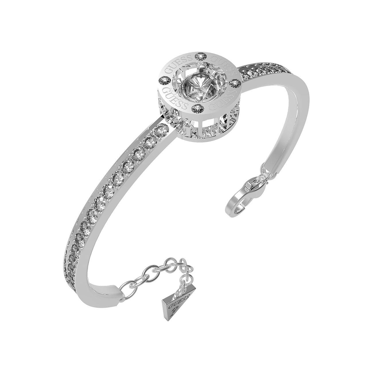Guess Armschmuck aus Edelstahl mit Zirkonia-Stein. Ein großer, runder Zirkonia in der Mitte, umgeben von Guess-Logos.