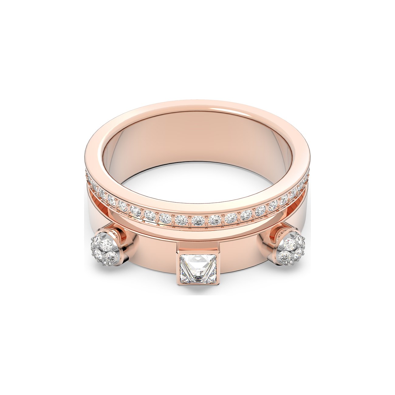 Swarovski Ring aus roségoldfarbenem Metall mit Farbsteinen, bestehend aus einem quadratischen und zwei runden Steinen.