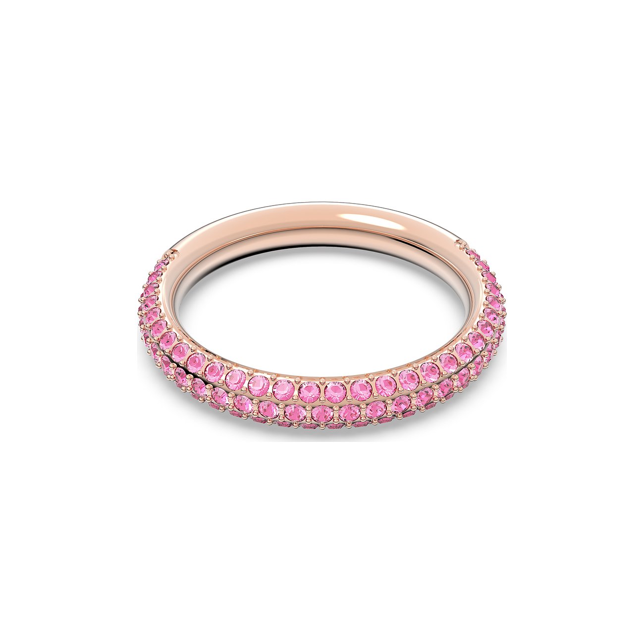 Swarovski Ring aus Metall mit zwei Reihen pinkfarbenen Swarovski-Kristallen auf glänzendem Roségold.