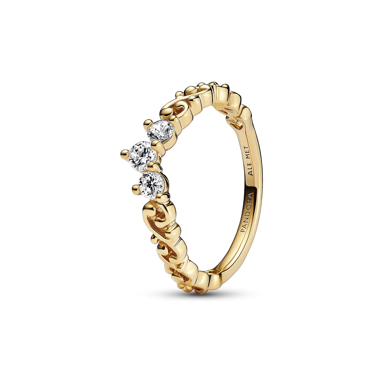 Pandora Ring aus goldenem Metall mit funkelnden Zirkonia-Steinen, die in einer geschwungenen Reihe sitzen.
