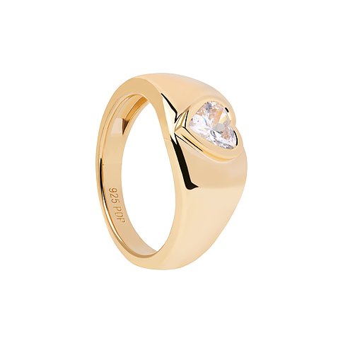Bague en argent doré PdPaola avec zircone cubique en forme de cœur au centre, vue de côté.