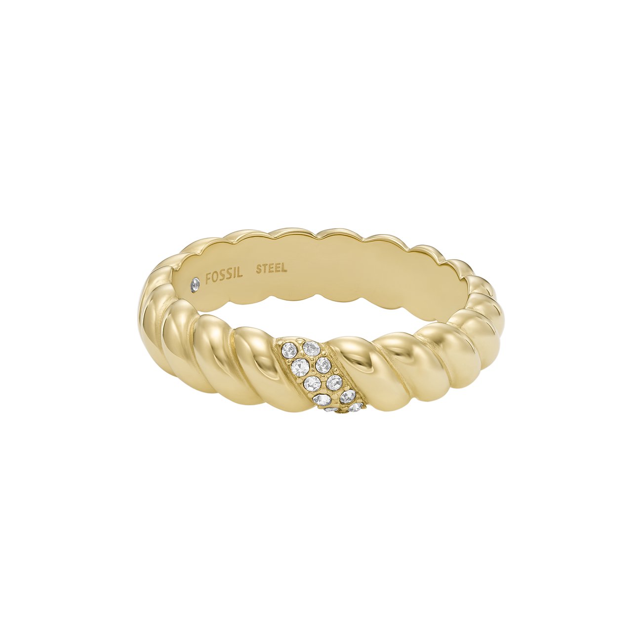 Anello Fossil in acciaio color oro con struttura a rilievo intrecciata e fascia tempestata di pietre di vetro.