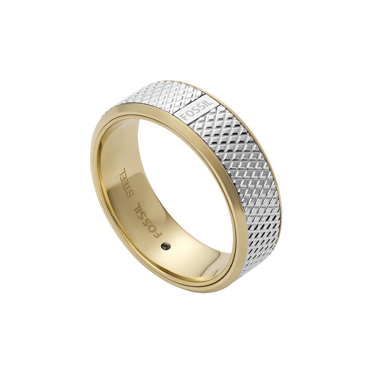 Fossil Ring aus gold- und silberfarbenem Edelstahl mit gewebter Textur und Fossil-Logo.