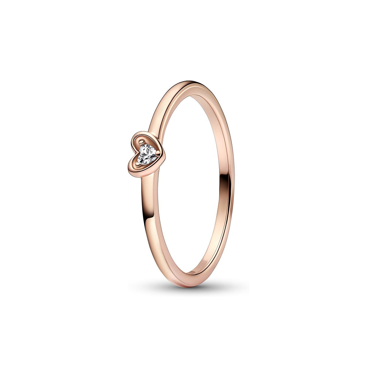 Pandora Ring aus roségoldfarbenem Metall mit Herzform, besetzt mit einem hellen Zirkonia-Stein.
