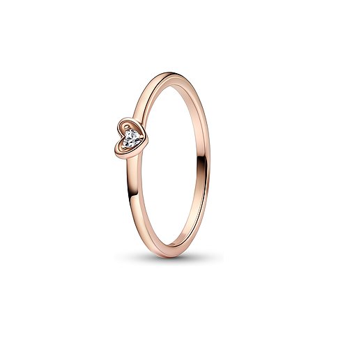 Pandora Ring aus roségoldfarbenem Metall mit Herzform, besetzt mit einem hellen Zirkonia-Stein.