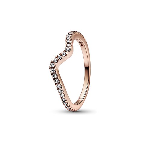 Pandora Ring aus roségoldfarbenem Metall mit unzähligen glitzernden Zirkonia-Steinen in geschwungener Form.