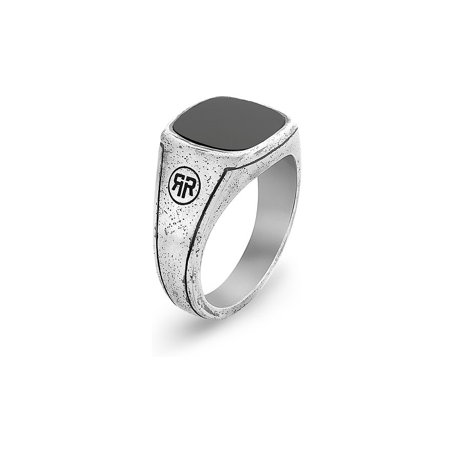 Rebel & Rose Ring aus 925er Silber mit quadratischem Onyx Edelstein und der Markenprägung an der Seite.