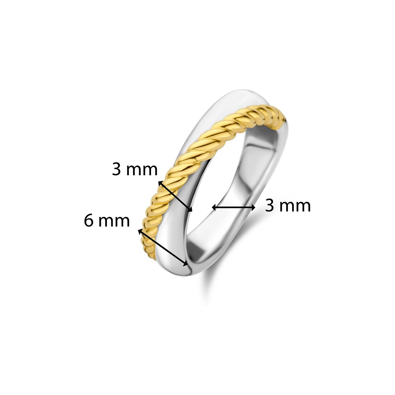 Ti Sento - Milano Ring aus 925er Silber, 6 mm breit, mit einer goldenen, gedrehten Linie in der Mitte und Längenangaben