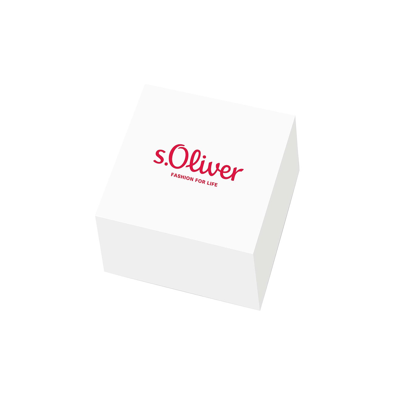 Eine weiße quadratische Geschenkbox der Marke s.Oliver mit rotem Schriftzug „s.Oliver FASHION FOR LIFE“.