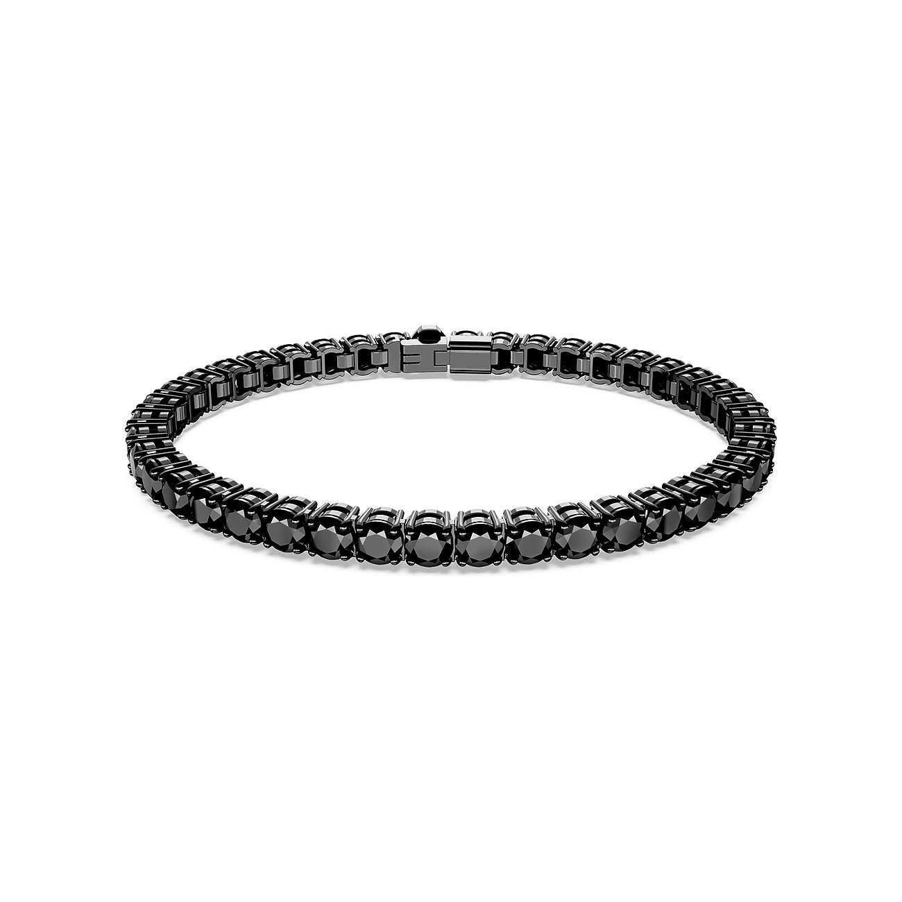 Swarovski Armschmuck aus dunklem Metall, besetzt mit vielen runden, dunklen Swarovski-Kristallen in einer Reihe.