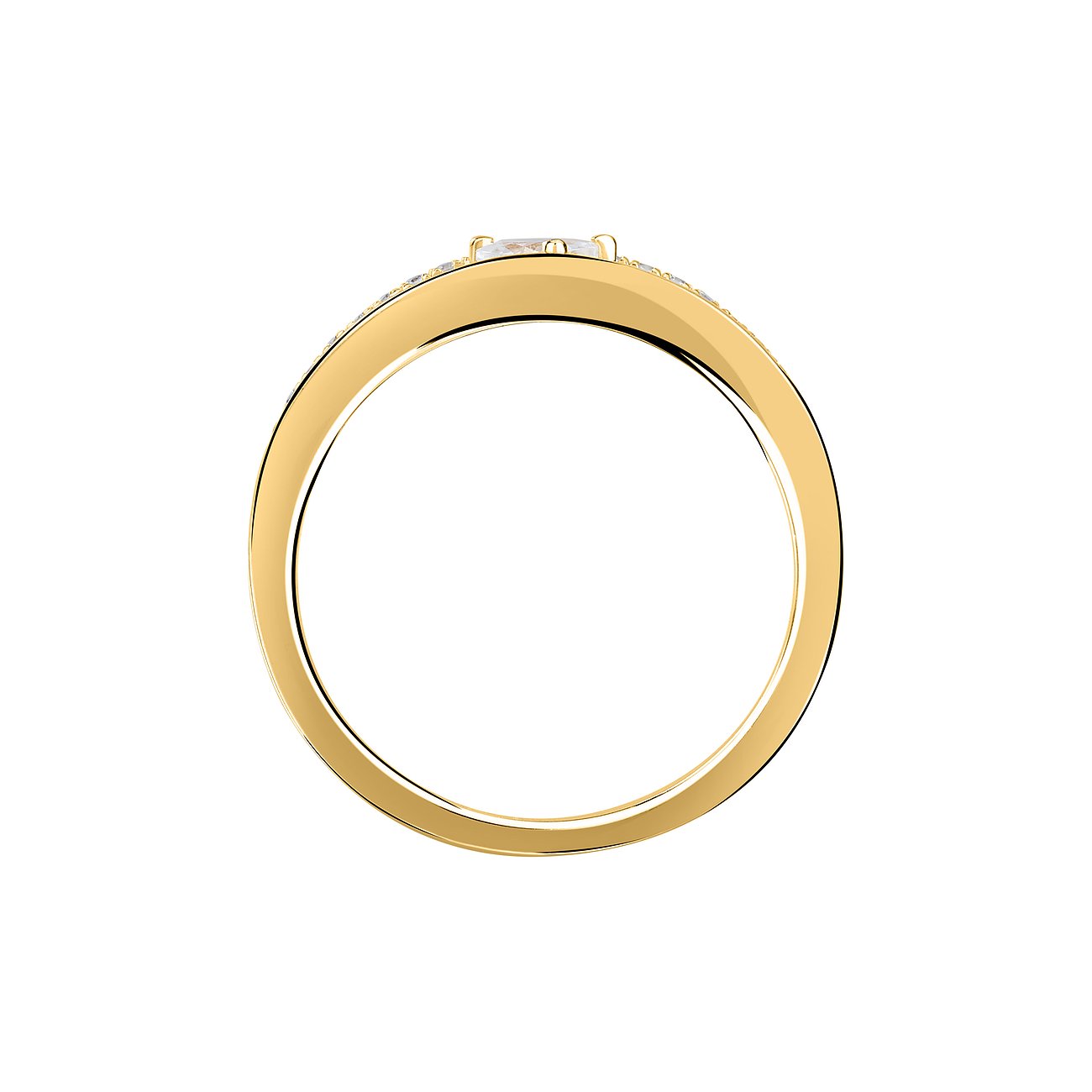 Live Diamond Ring aus Gelbgold mit Diamanten im Seitenprofil, zeigt den schmalen Goldring.