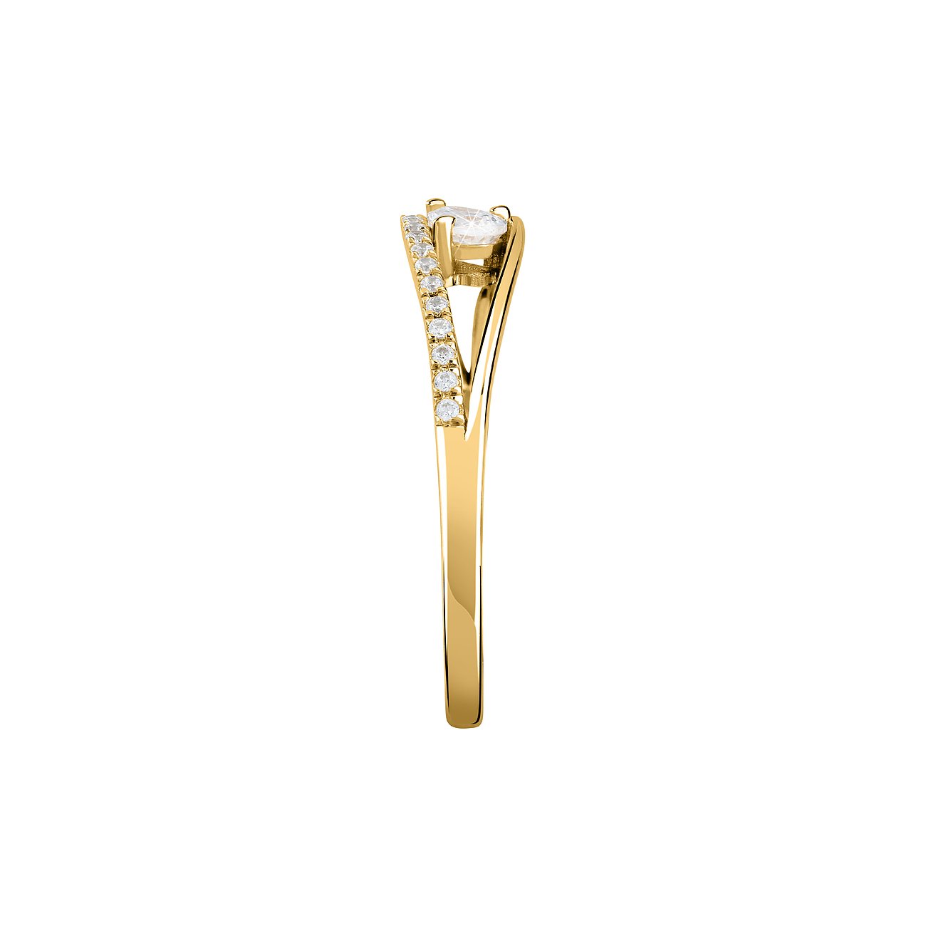Live Diamond Ring aus Gelbgold, recycelt, mit einer Reihe Diamanten an der Ringschiene und einem einzelnen großen Diamant.