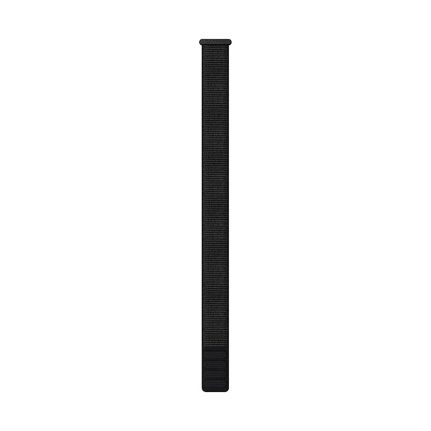 Garmin Uhrenband aus schwarzem Perlon/Nylon vertikal ausgerichtet, mit schlanker, strukturierter Oberfläche.
