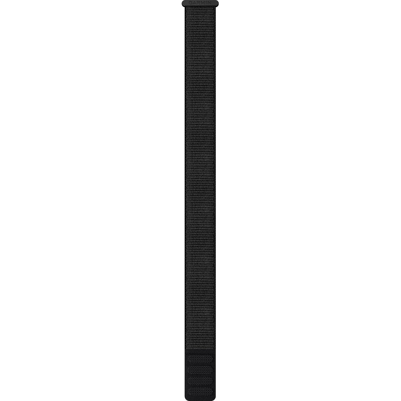 Garmin Uhrenband aus schwarzem Perlon/Nylon vertikal ausgerichtet, mit schlanker, strukturierter Oberfläche.