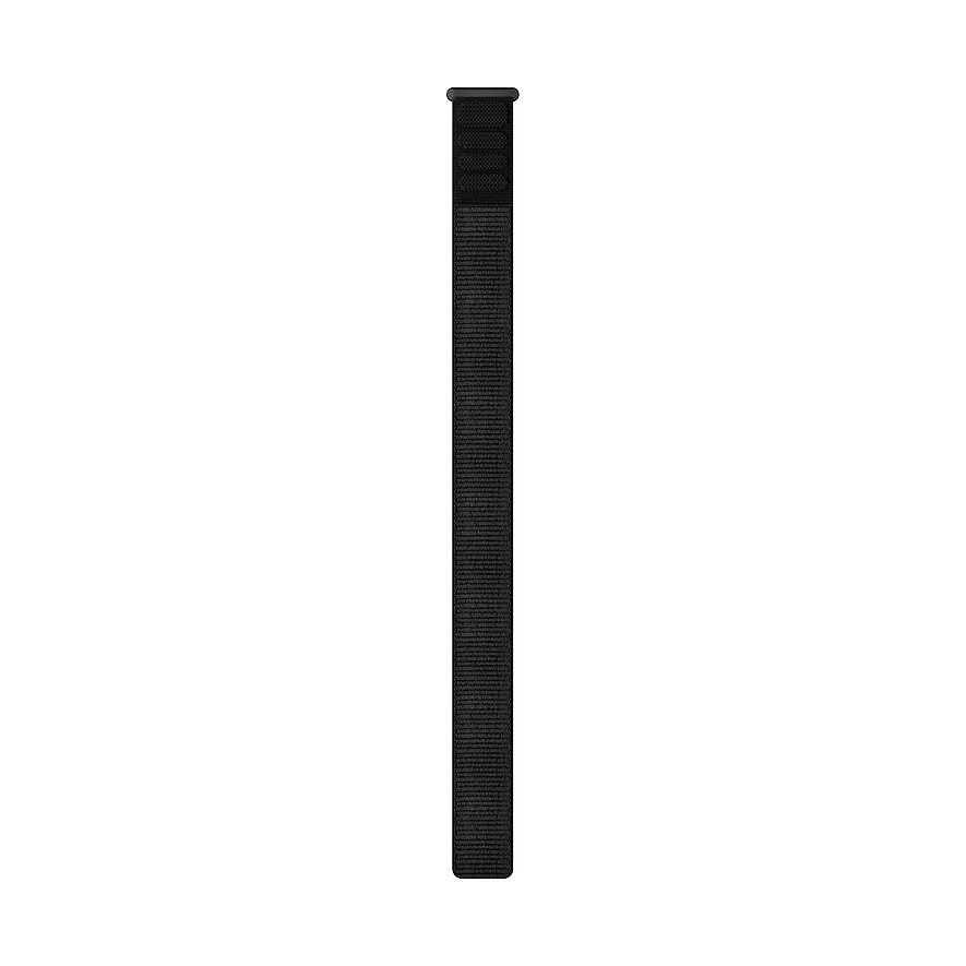 Garmin Uhrenarmband aus schwarzem Perlon/Nylon von oben gesehen, vertikal ausgerichtet.
