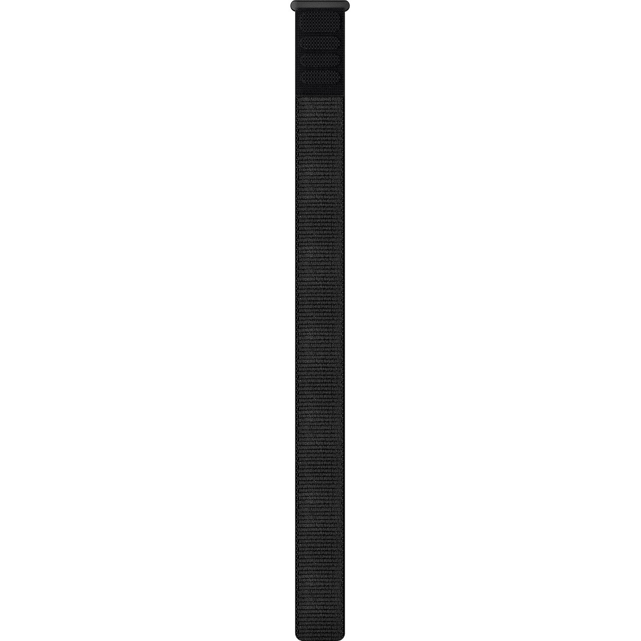 Garmin Uhrenarmband aus schwarzem Perlon/Nylon von oben gesehen, vertikal ausgerichtet.