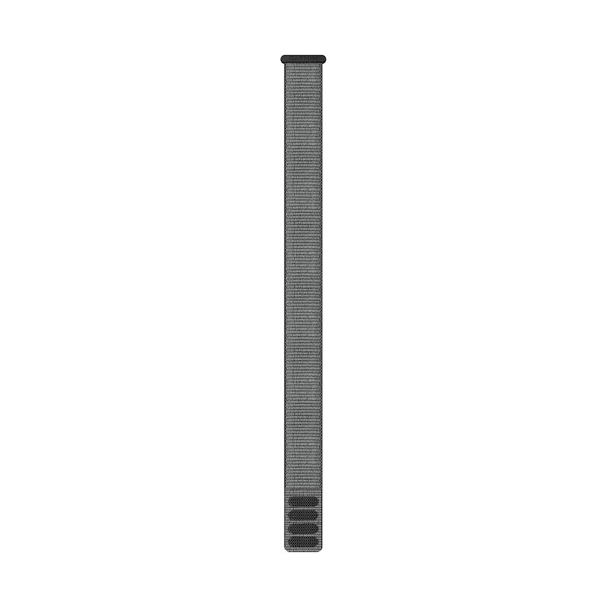 Ein Garmin Uhrenband aus grauem Perlon/Nylon auf weißem Hintergrund, vertikal ausgerichtet.