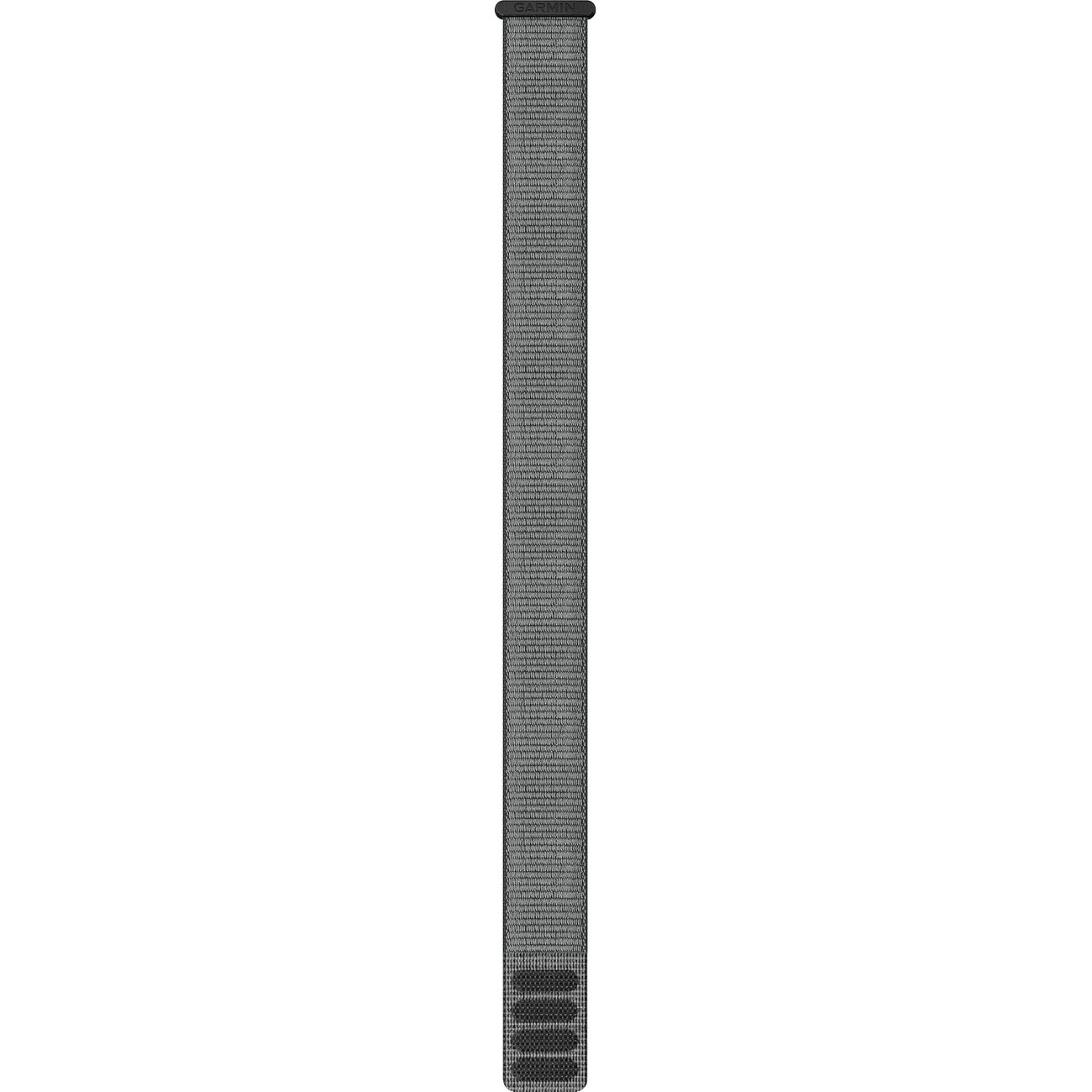 Ein Garmin Uhrenband aus grauem Perlon/Nylon auf weißem Hintergrund, vertikal ausgerichtet.