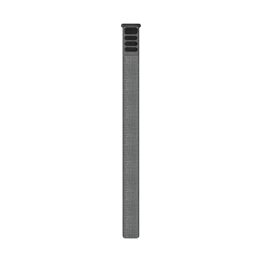 Garmin Uhrenband aus grauem Perlon/Nylon, vertikal ausgerichtet mit einem schwarzen Befestigungsende.