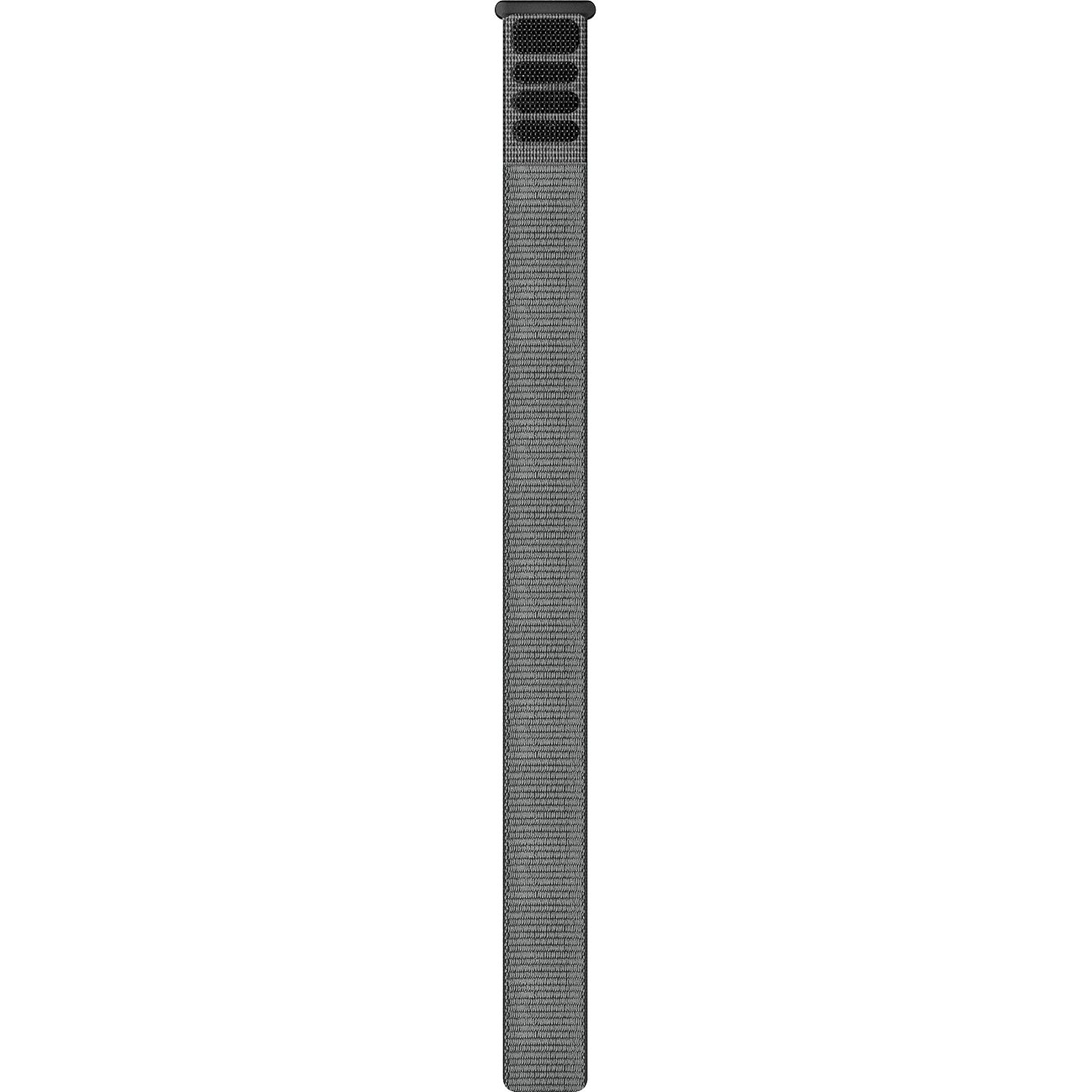 Garmin Uhrenband aus grauem Perlon/Nylon, vertikal ausgerichtet mit einem schwarzen Befestigungsende.