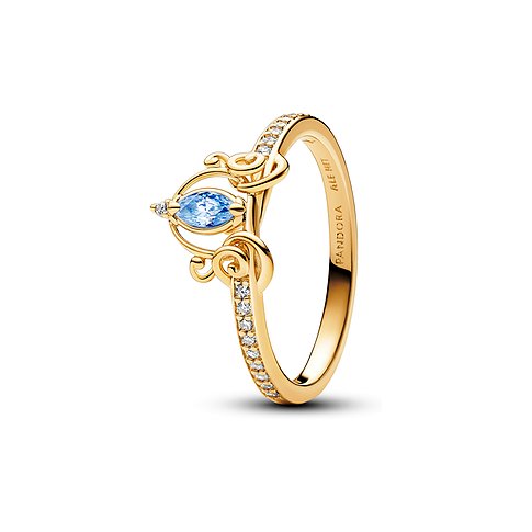 Pandora Ring aus goldenem Metall mit einem blauen Zirkonia in der Mitte, der von funkelnden klaren Zirkonia umrandet ist.