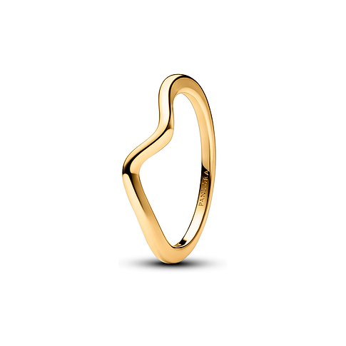 Pandora Ring aus goldfarbenem Metall mit wellenförmiger, offener Form und sichtbarer Markenprägung an der Seite.