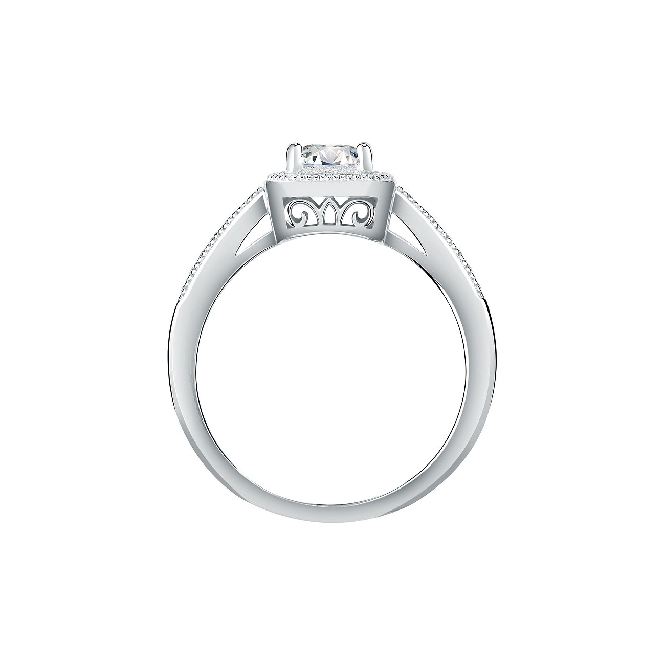 Ringschiene des Rings aus 925er recyceltem Silber mit Zirkonia-Steinbesatz und durchbrochener Galeriedekoration.