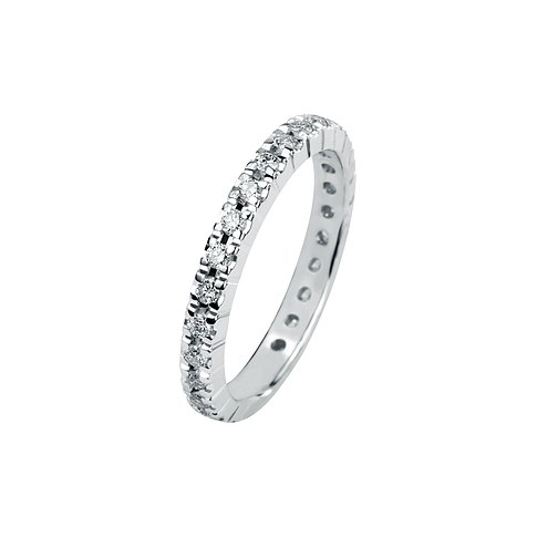 Nahaufnahme eines CHRIST 585er Weißgold Rings, der mit zahlreichen Diamanten besetzt ist und glänzt.