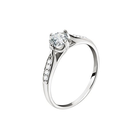 CHRIST 585er Weißgoldring mit großem Diamanten in Krappenfassung und kleineren Diamanten entlang der Ringschiene.