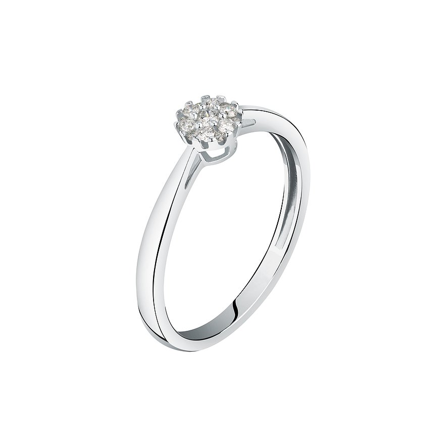 Ring aus 585er Weißgold mit einer Gruppe von runden Diamanten als zentraler Besatz, leicht von oben gesehen.
