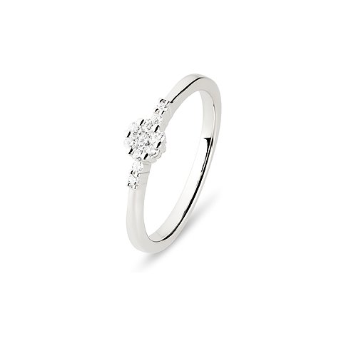 Ein 585er Weißgoldring mit Diamanten, die blütenförmig seitlich von der Ringschiene abstehen.