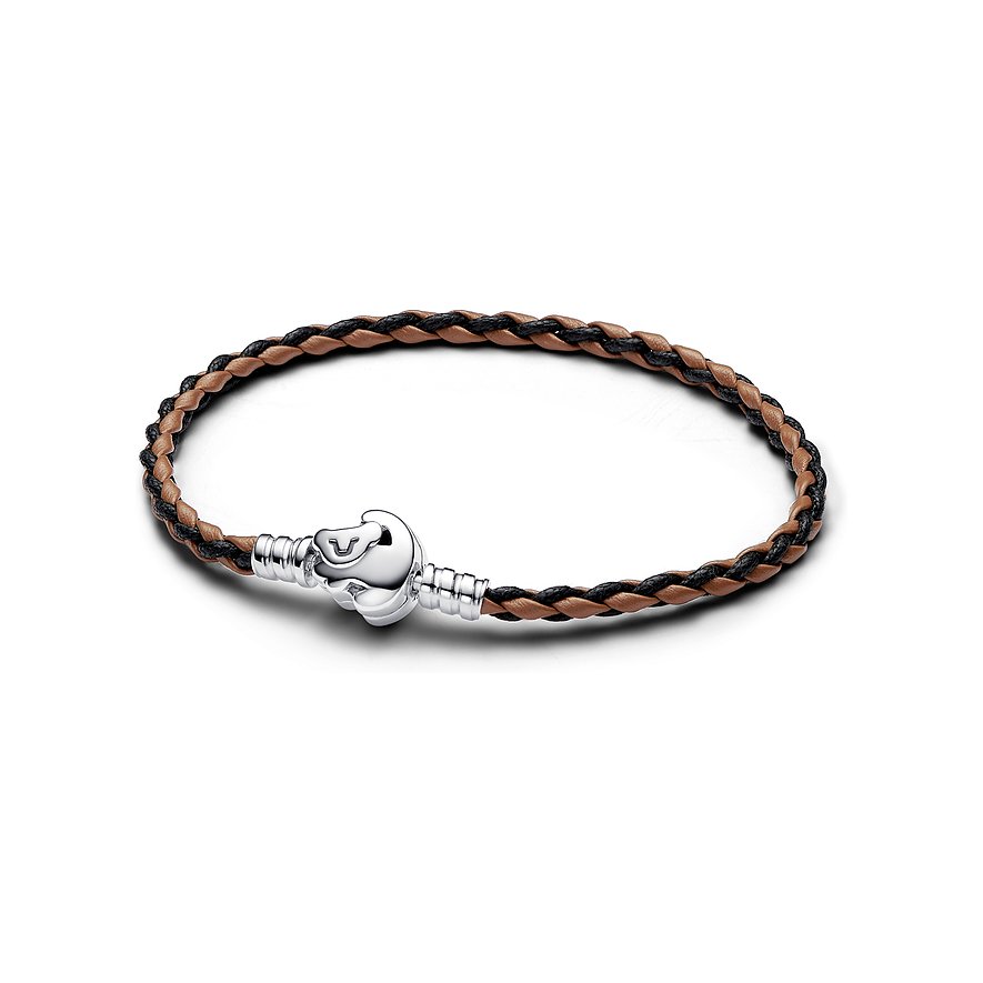Pandora Armband aus 925er Silber und Leder, geflochten, mit Verschluss.