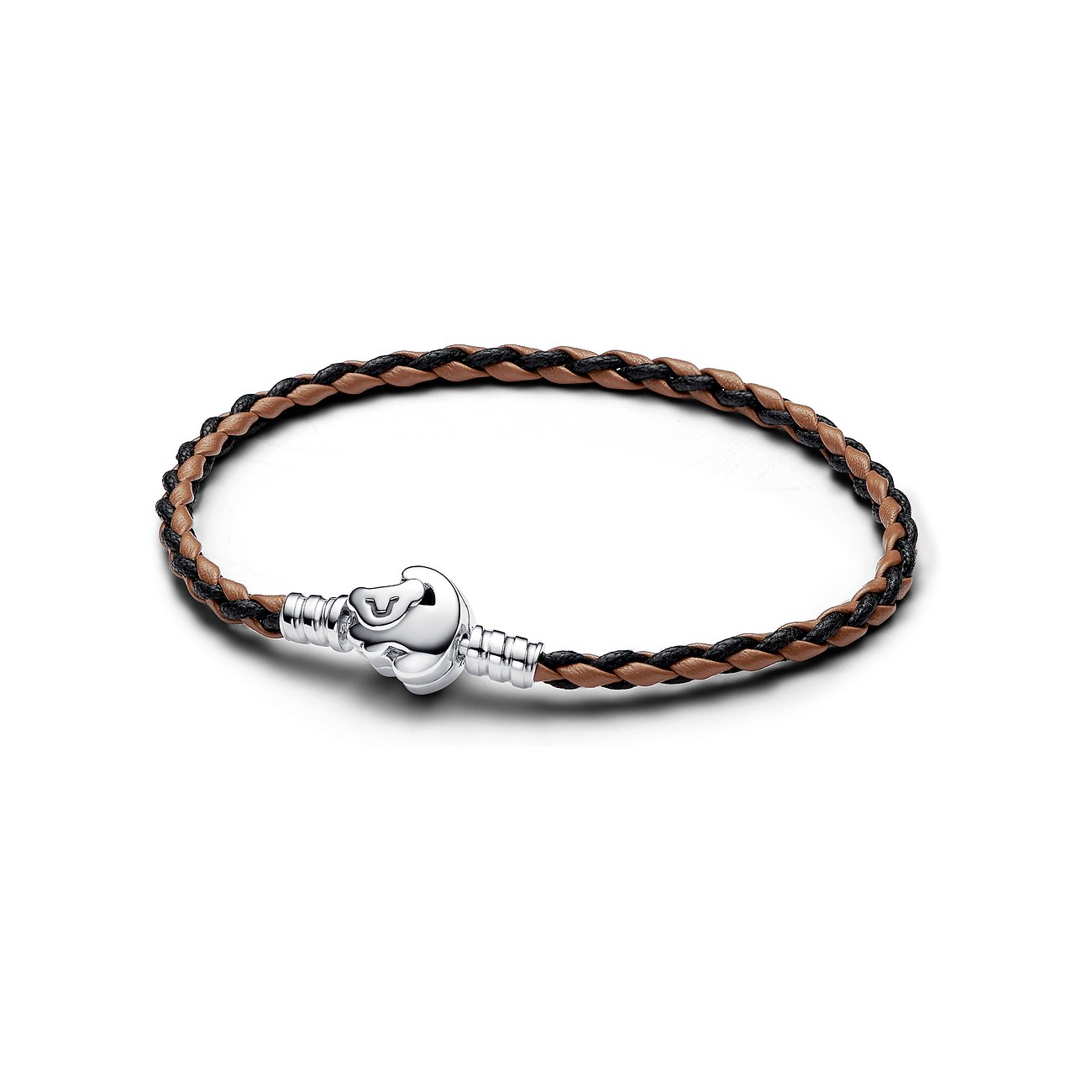 Pandora Armband aus 925er Silber und Leder, geflochten, mit Verschluss.