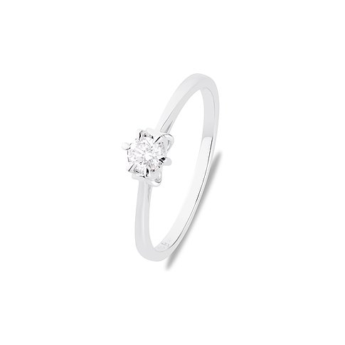 CHRIST Ring aus 585er Weißgold mit einem glänzenden Diamanten in Krappenfassung, von oben rechts betrachtet.