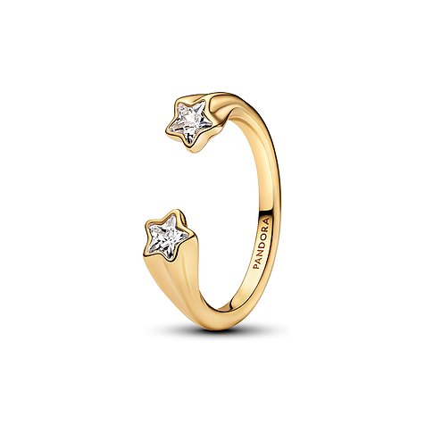 Pandora Ring aus goldenem Metall mit zwei sternförmigen Zirkonia Farbsteinen an den offenen Enden.
