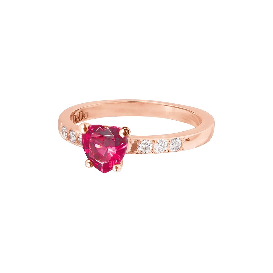DoDo Ring aus 375 Roségold mit Rubin und weißen Steinen.
