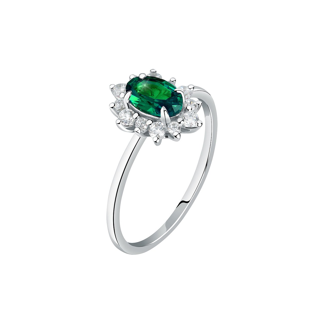 Live Diamond Ring aus 375 Weißgold mit Smaragd und weißen Steinen.