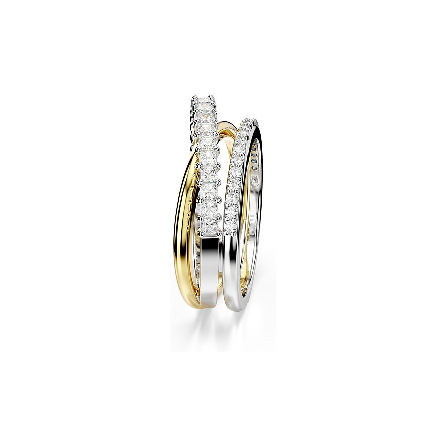 Swarovski Ring aus Metall mit Kristallen, zweifarbig, mit rechteckigen und runden Steinen.