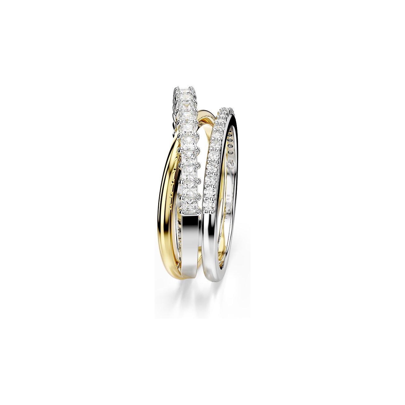 Swarovski Ring aus Metall mit Kristallen, zweifarbig, mit rechteckigen und runden Steinen.