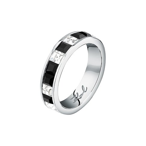 Karl Lagerfeld Damenring aus Edelstahl mit schwarzen Kristallen und weißen Zirkonia.