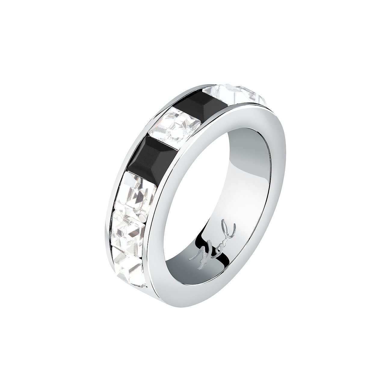 Karl Lagerfeld Ring aus Edelstahl mit Kristallen und schwarzen Steinen.